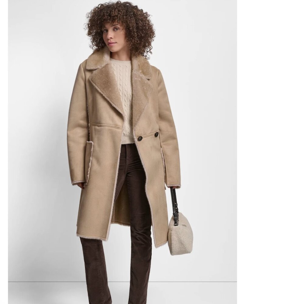 NWT DKNY Women's Belted Notched-Collar Faux-Shearling Coat - Picture 4 of 7